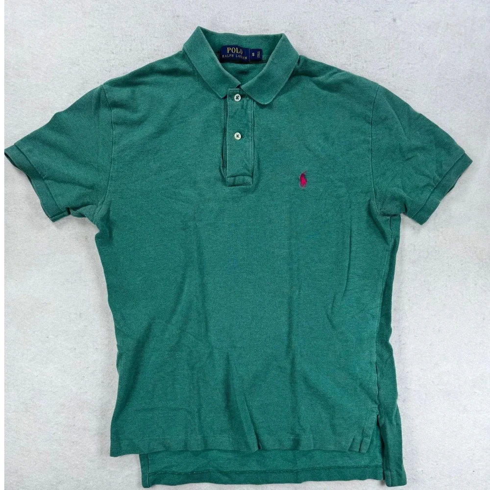 Polo Ralph Lauren Mens Green Cotton Pique Short Sleeve Polo Shirt Pink Pony S